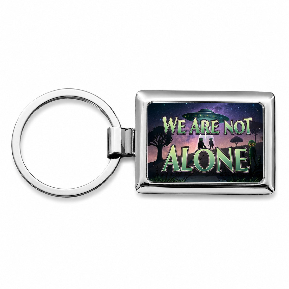 We Are Not Alone UFO Aliens Rectangle Metal Keychain