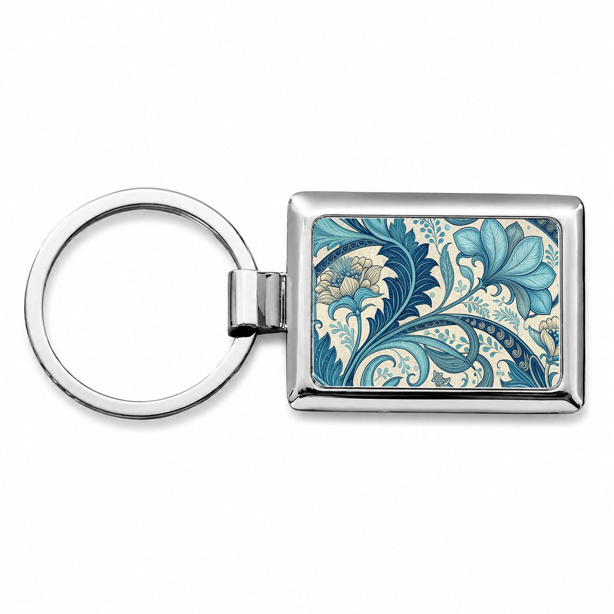 Art Nouveau Blue Leaf Flowers Rectangle Metal Keychain