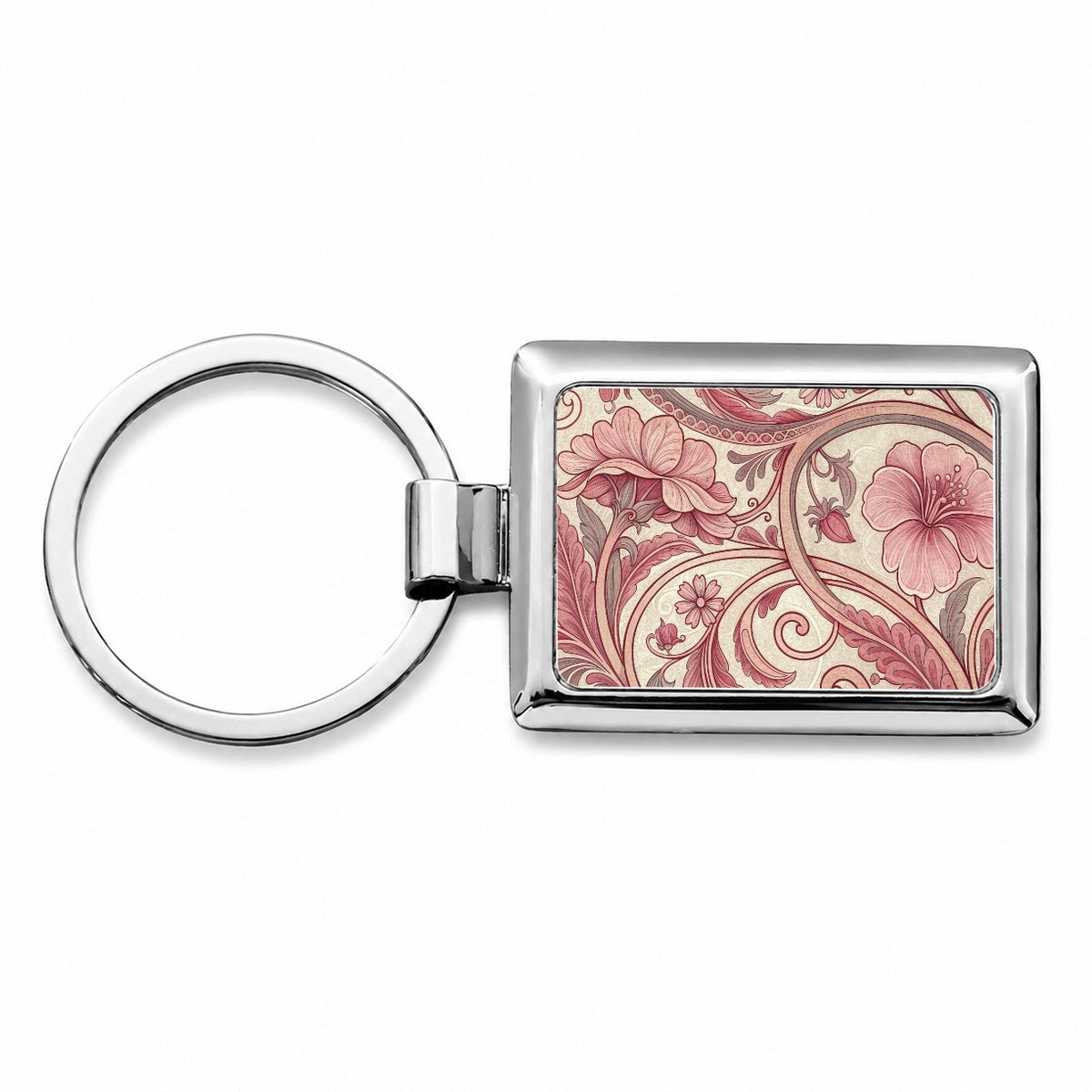 Art Nouveau Pattern Pink Leaf Flowers Rectangle Metal Keychain