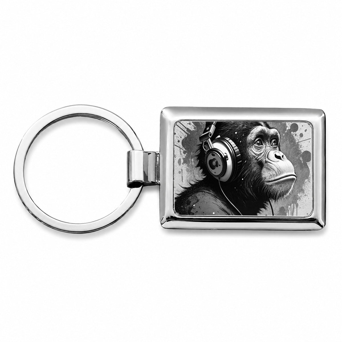 Artsy B&W Monkey with Headphones Rectangle Metal Keychain