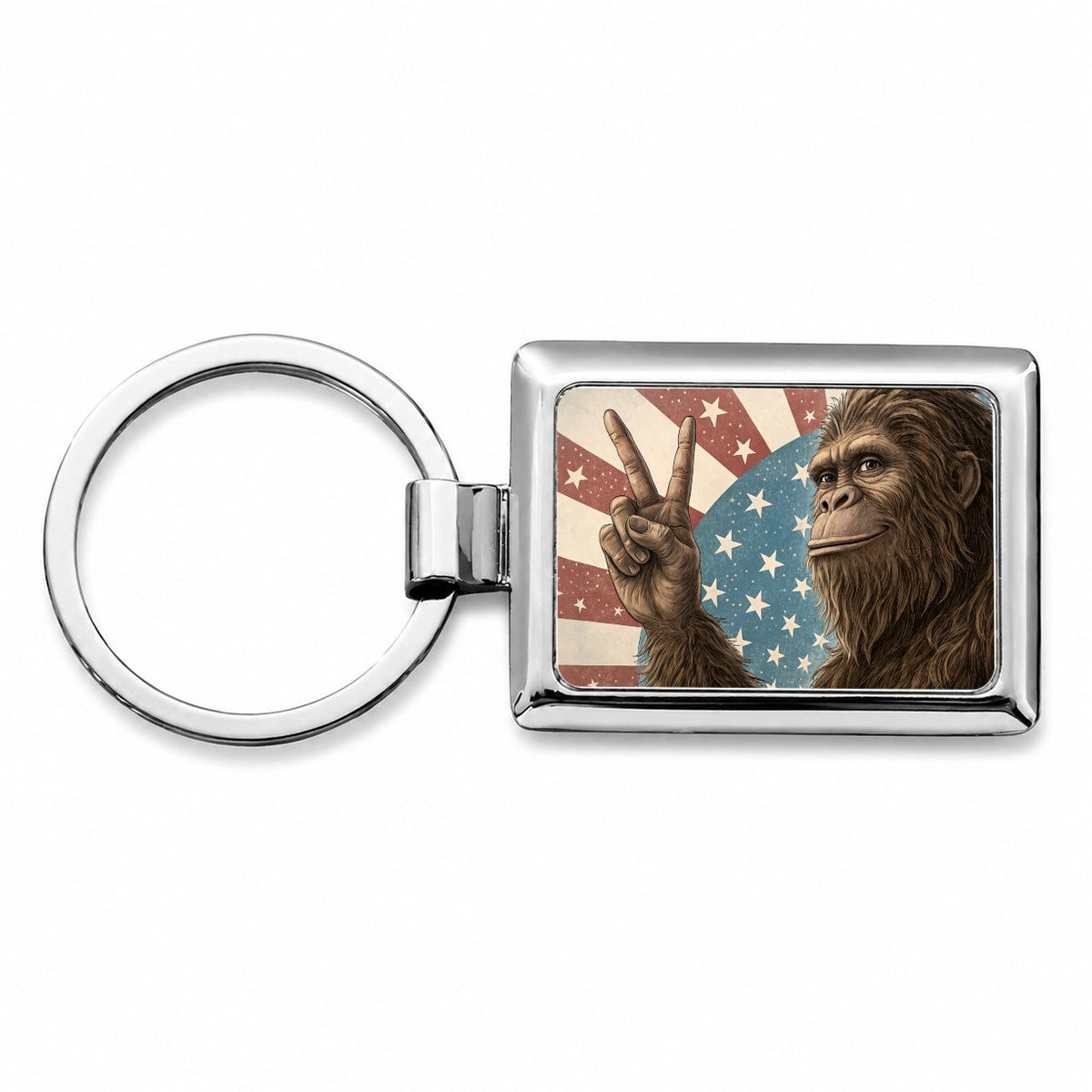 Bigfoot Giving Peace Sign Rising American Flag Rectangle Metal Keychain