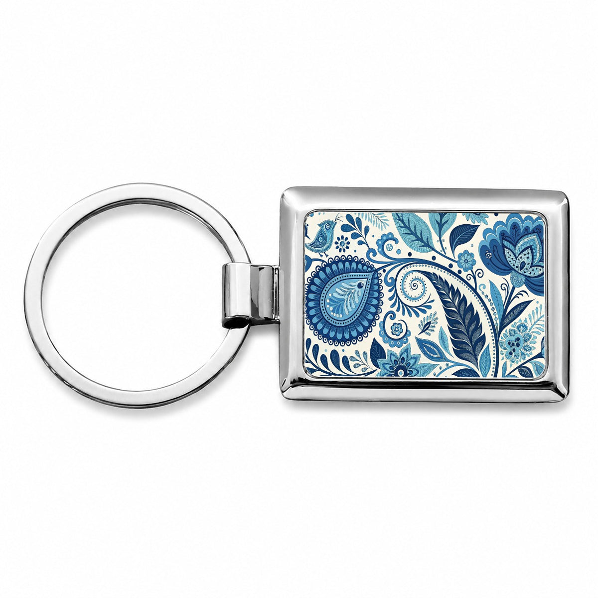 Blue Traditional Folk Art Floral Pattern Rectangle Metal Keychain