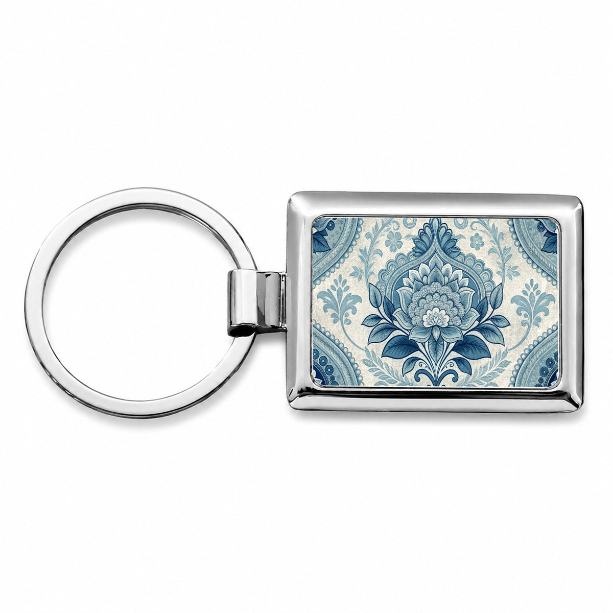 Blue Victorian Decorative Floral Pattern Rectangle Metal Keychain
