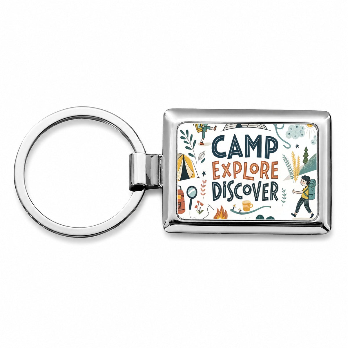 Camp Explore Discover Camping Hiking Rectangle Metal Keychain