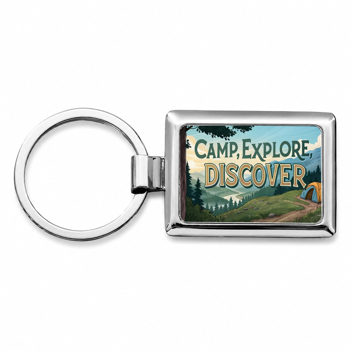 Camp Explore Discover Hiking Camping Rectangle Metal Keychain