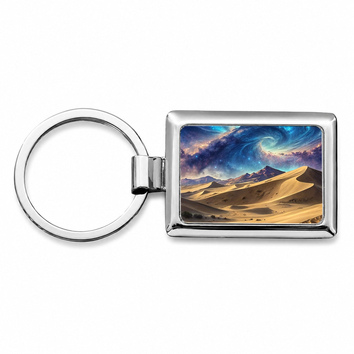 Desert Sand Dunes Under Blue Nebula Sci-Fi Rectangle Metal Keychain