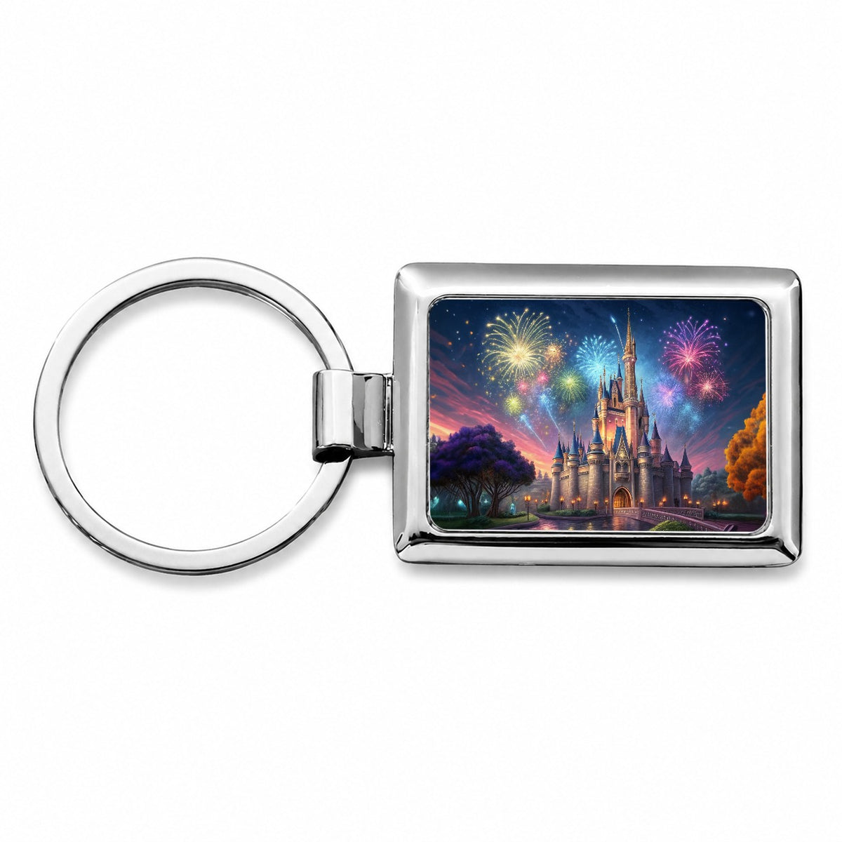 Fantasy Kingdom Castle Fireworks at Night Rectangle Metal Keychain