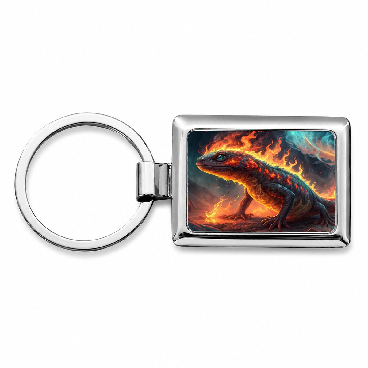 Flaming Fantasy Salamander at Night Rectangle Metal Keychain