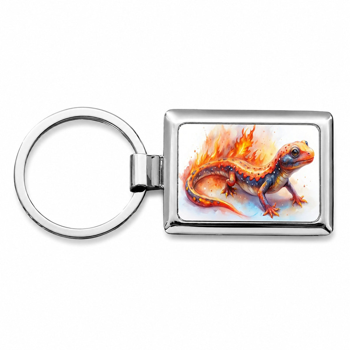 Flaming Fantasy Salamander Watercolor Rectangle Metal Keychain