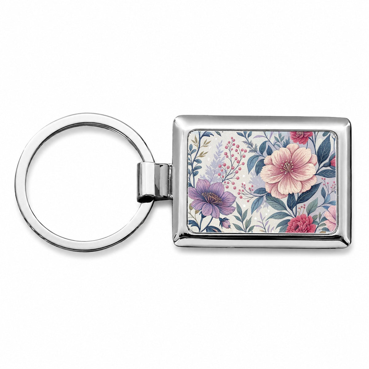 Flower Floral Pink Purple Pattern Rectangle Metal Keychain