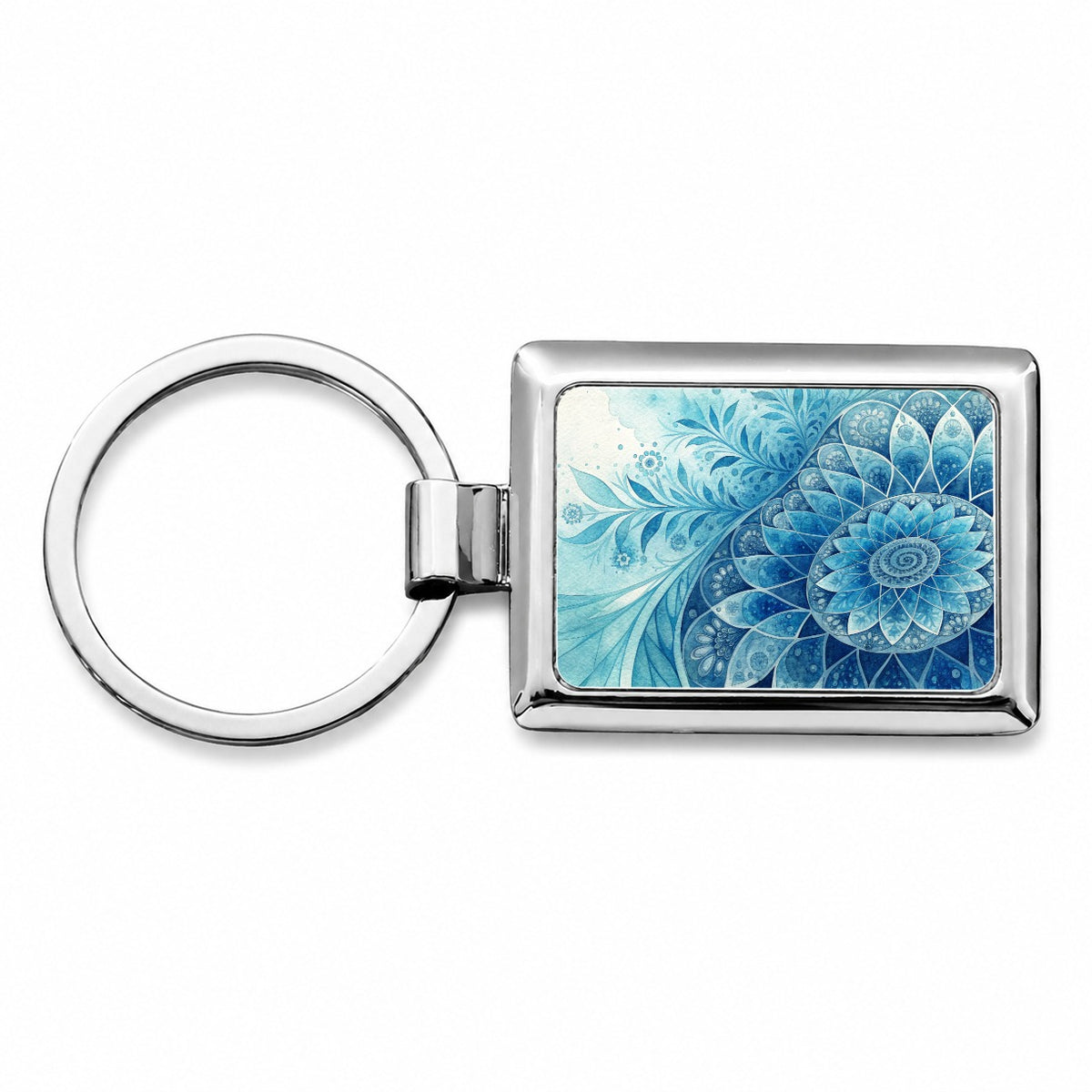 Fractal Art Blue Flower Pattern Watercolor Style Rectangle Metal Keychain