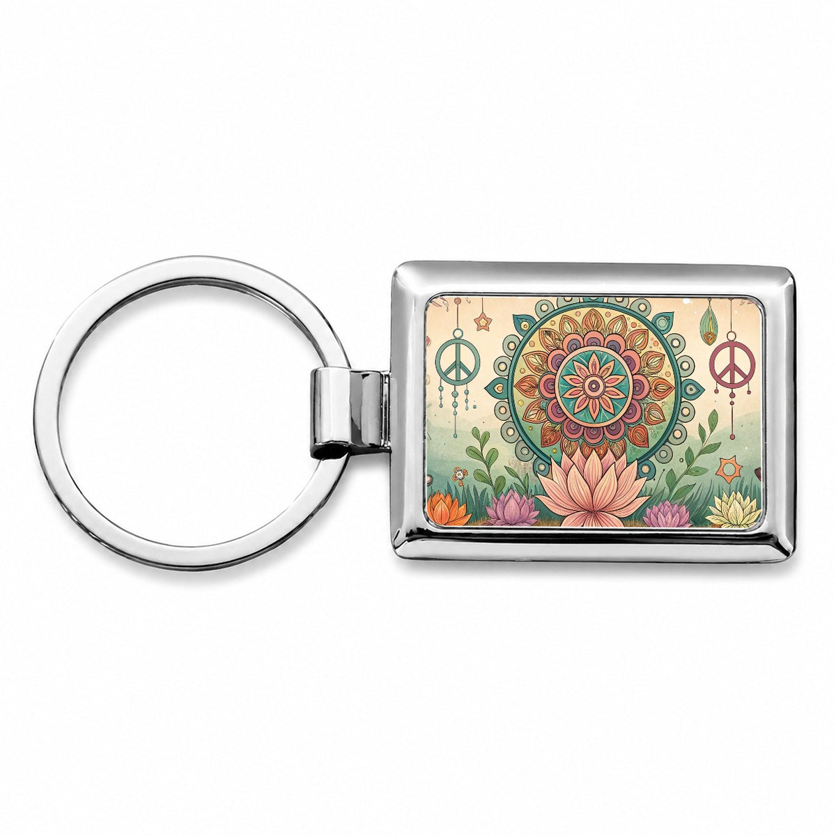 Hippie Yoga Peace Mandala Flower Rectangle Metal Keychain