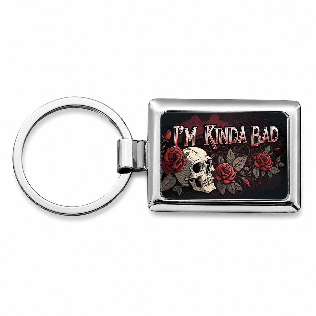 I'm Kinda Bad Skull Red Roses Rectangle Metal Keychain