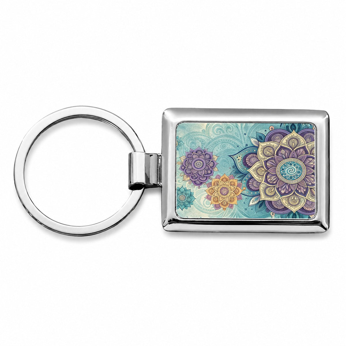 Mandalas Blue Purple Floral Pattern Rectangle Metal Keychain