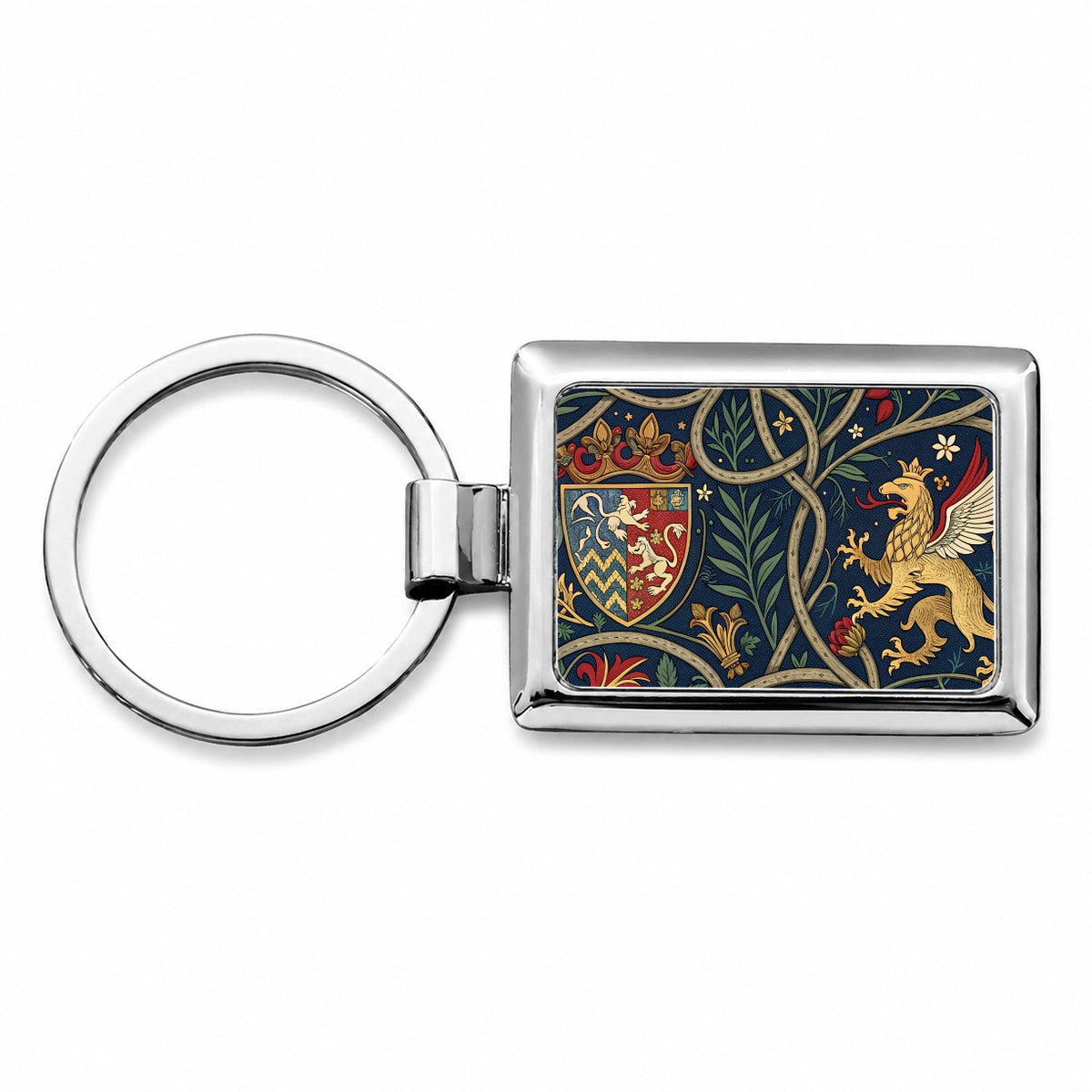 Medieval Ornamentation Griffin Shield Pattern Rectangle Metal Keychain