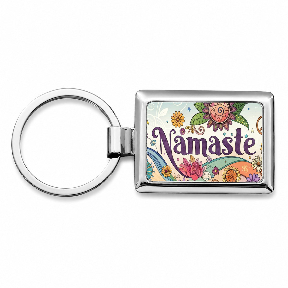 Namaste Hippie Retro Peace Flowers Rectangle Metal Keychain