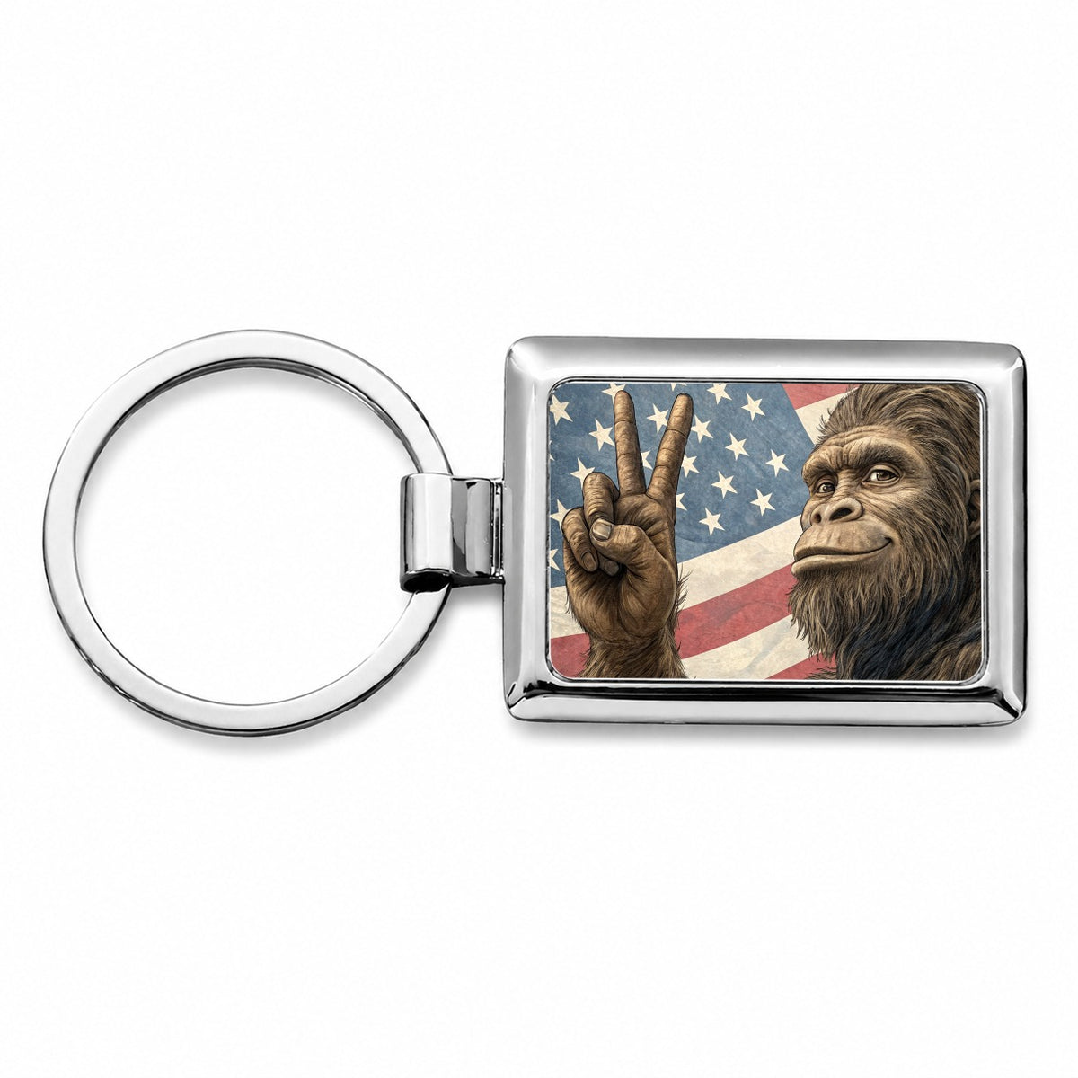 Patriotic Bigfoot Giving The Peace Sign Rectangle Metal Keychain