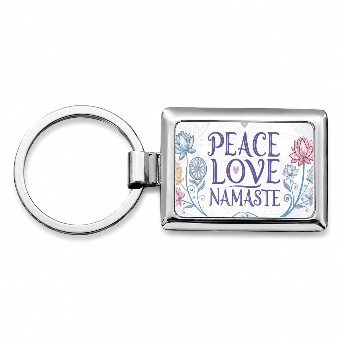 Peace Love Namaste Floral Rectangle Metal Keychain