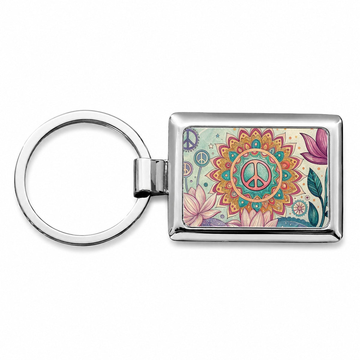 Peace Sign Symbols Mandala Flower Rectangle Metal Keychain