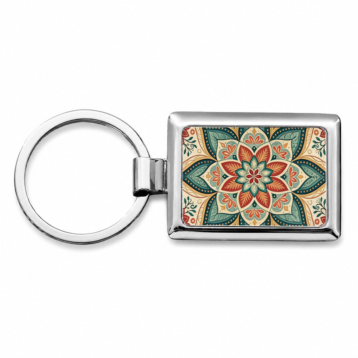 Symmetrical Artistic Flower Floral Pattern Rectangle Metal Keychain