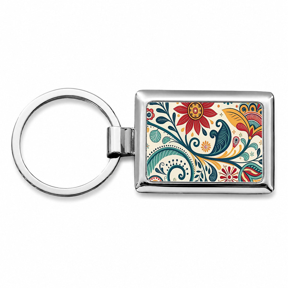 Traditional Folk Art Floral Pattern Rectangle Metal Keychain