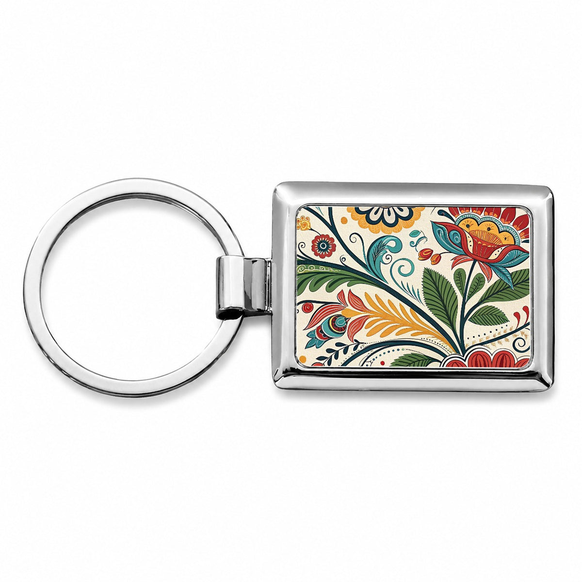 Traditional Folk Art Flowers Leaves Pattern Rectangle Metal Keychain