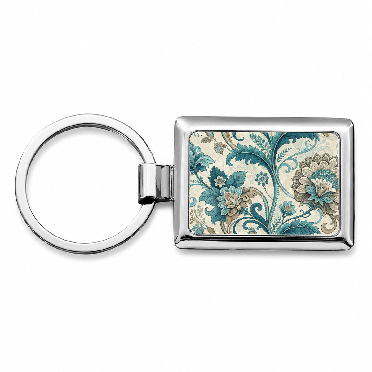 Victorian Decorative Flowers Leaves Pattern Rectangle Metal Keychain