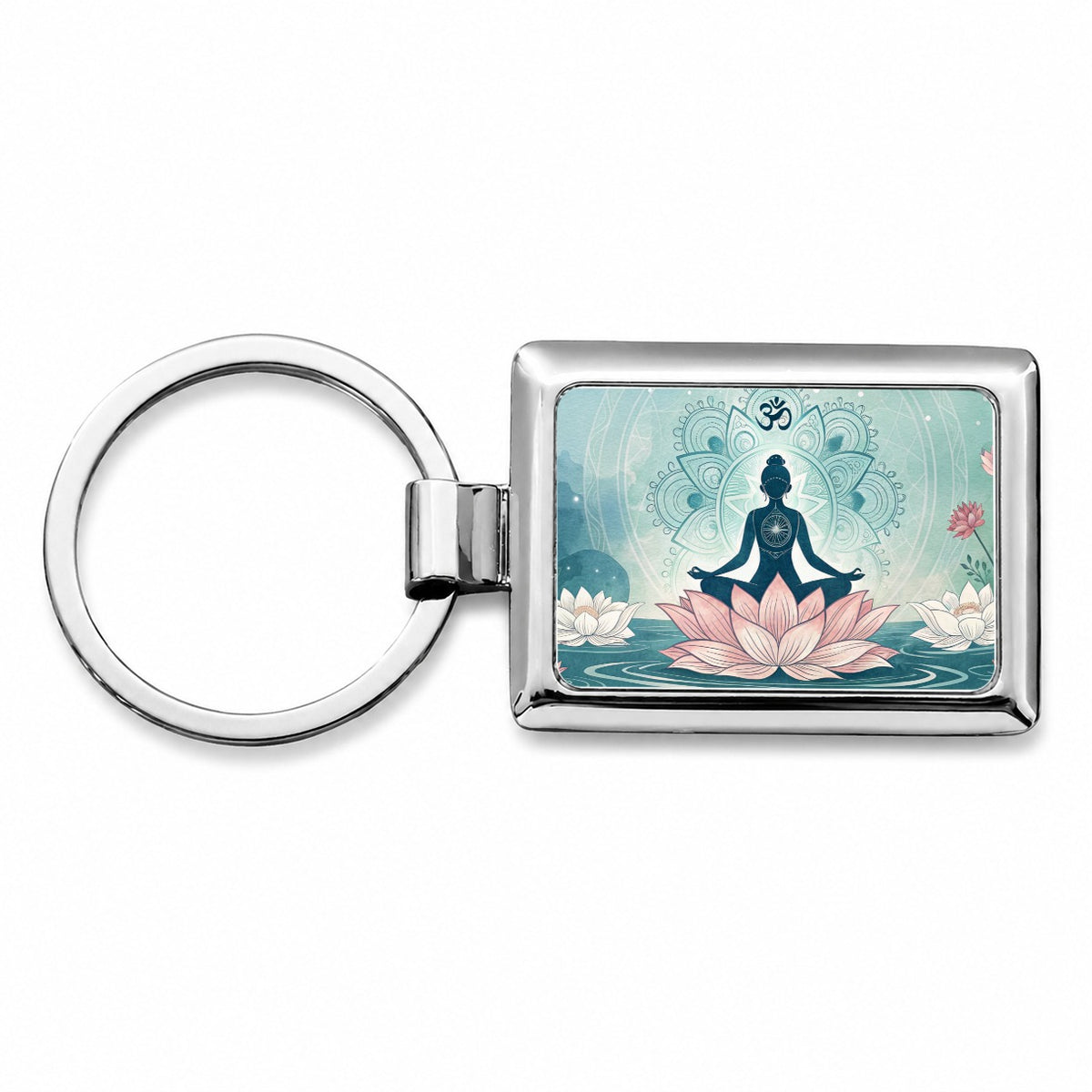 Yoga Meditation Lotus Flower Om Aum Rectangle Metal Keychain