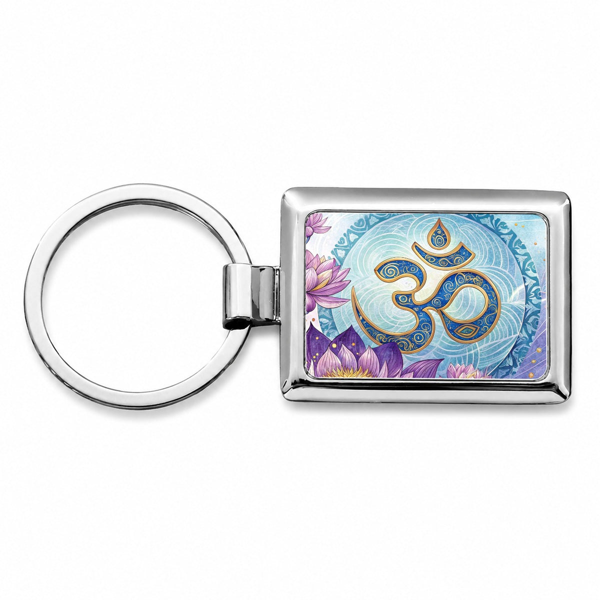 Yoga Om Aum Lotus Flower Rectangle Metal Keychain