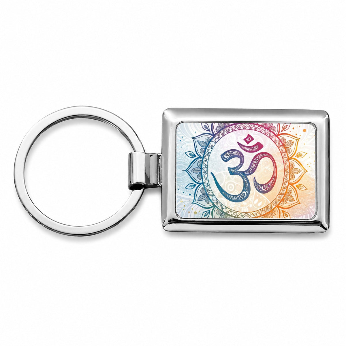 Yoga Om Aum Mandala Symbol Rainbow Rectangle Metal Keychain