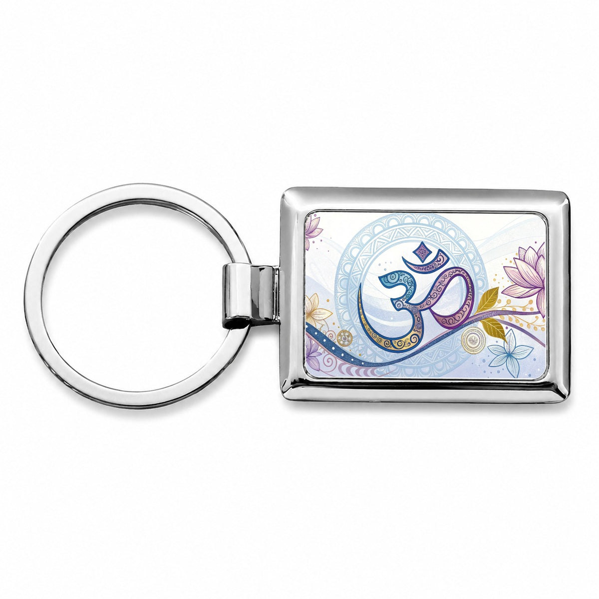 Yoga Om Aum Symbol Lotus Floral Rectangle Metal Keychain