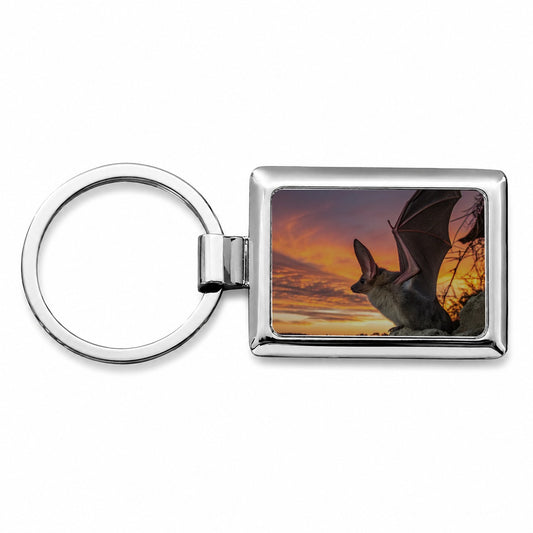 Bat Nature At Sunset Rectangle Metal Keychain