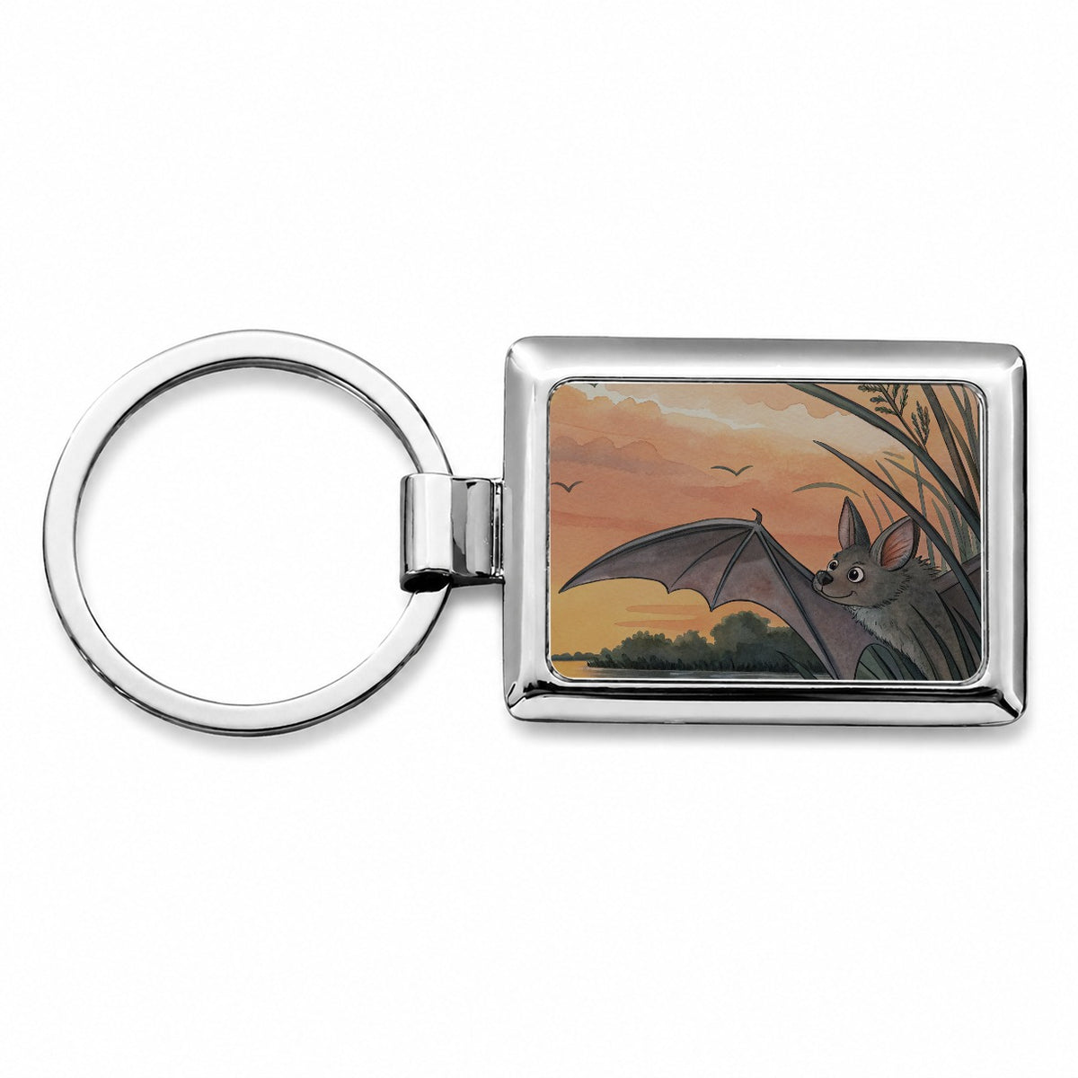 Bat Sunset Nature Scene Rectangle Metal Keychain