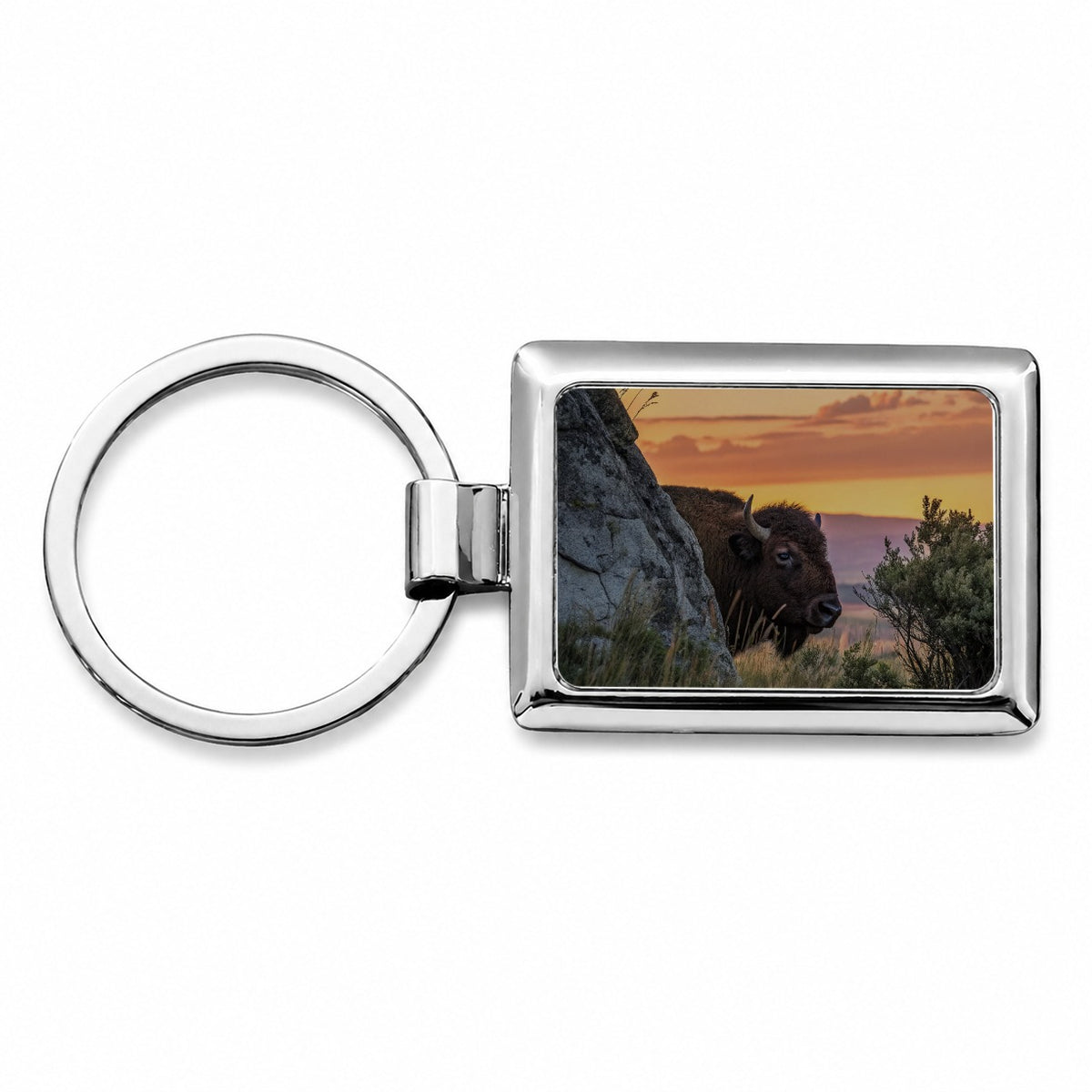 Bison Wildlife At Sunset Rectangle Metal Keychain