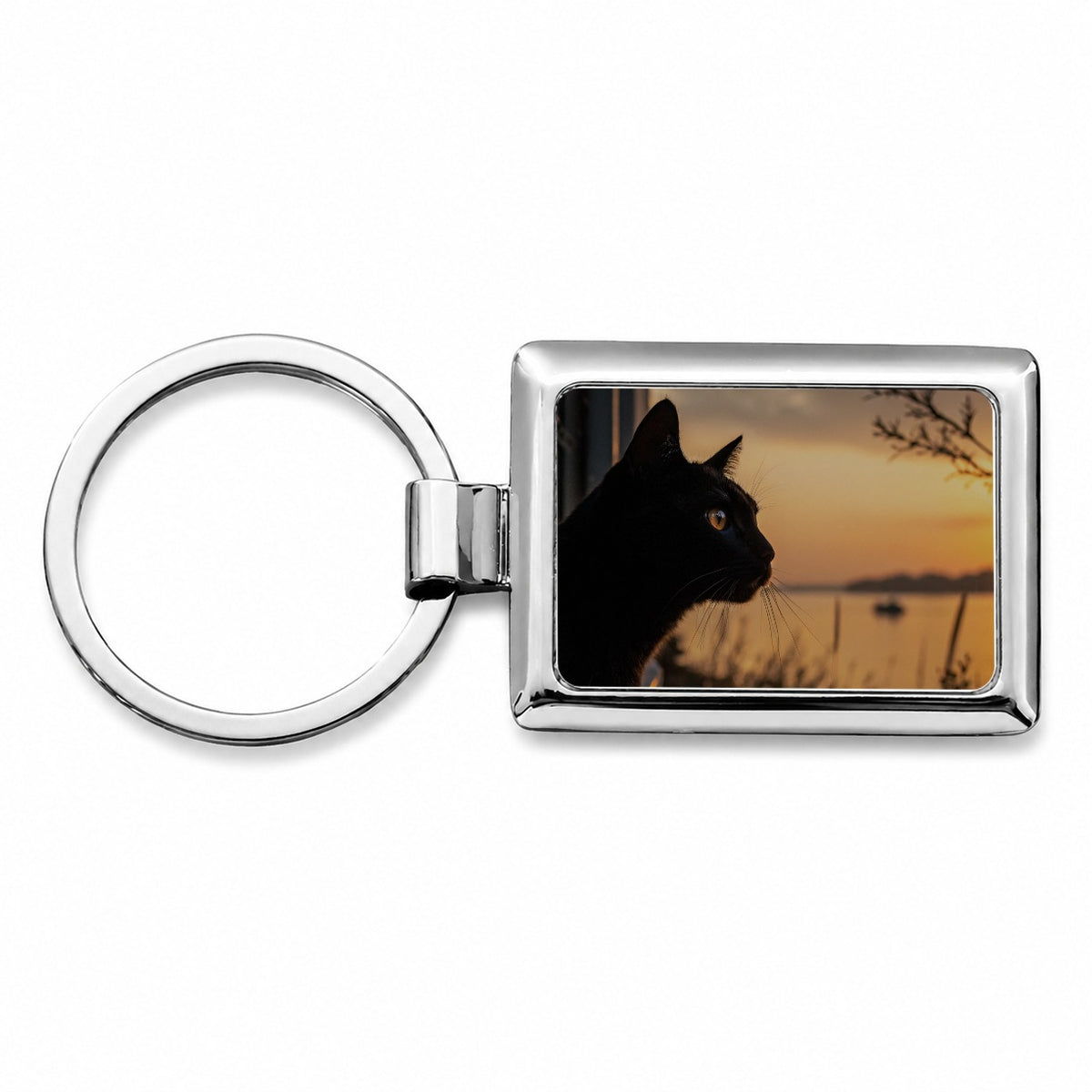 Black Cat Sunset Window Rectangle Metal Keychain