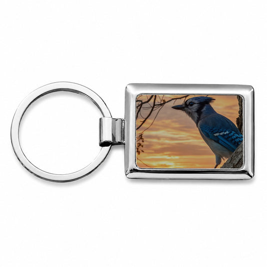 Blue Jay At Sunset Rectangle Metal Keychain
