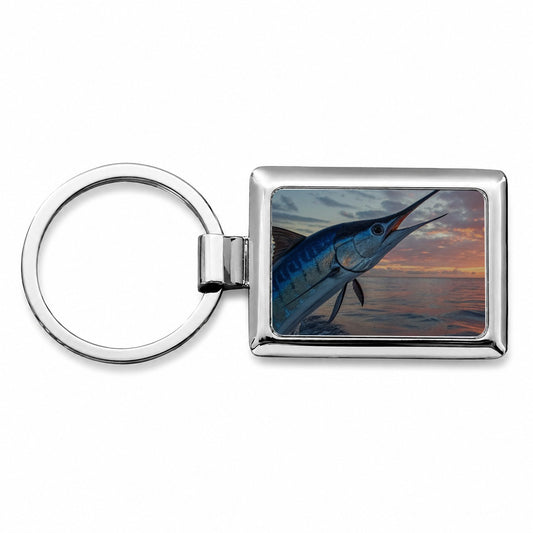 Blue Marlin Fishing Sunset Rectangle Metal Keychain