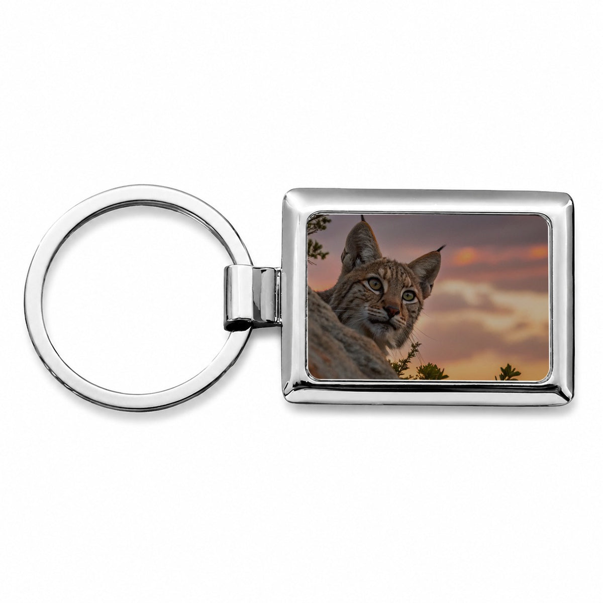 Bobcat At Sunset Rectangle Metal Keychain