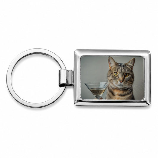 Cat Martini Glass Funny Rectangle Metal Keychain