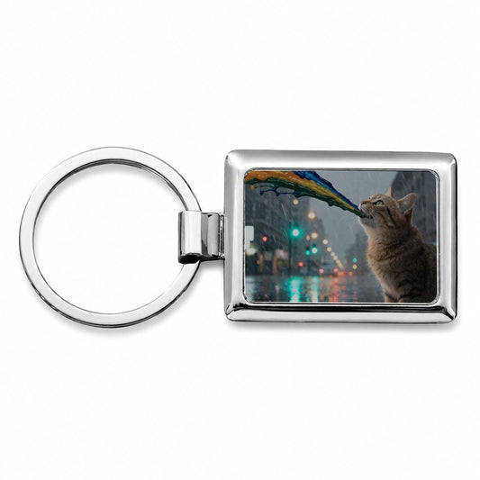 Cat Puking Rainbow Funny Rectangle Metal Keychain
