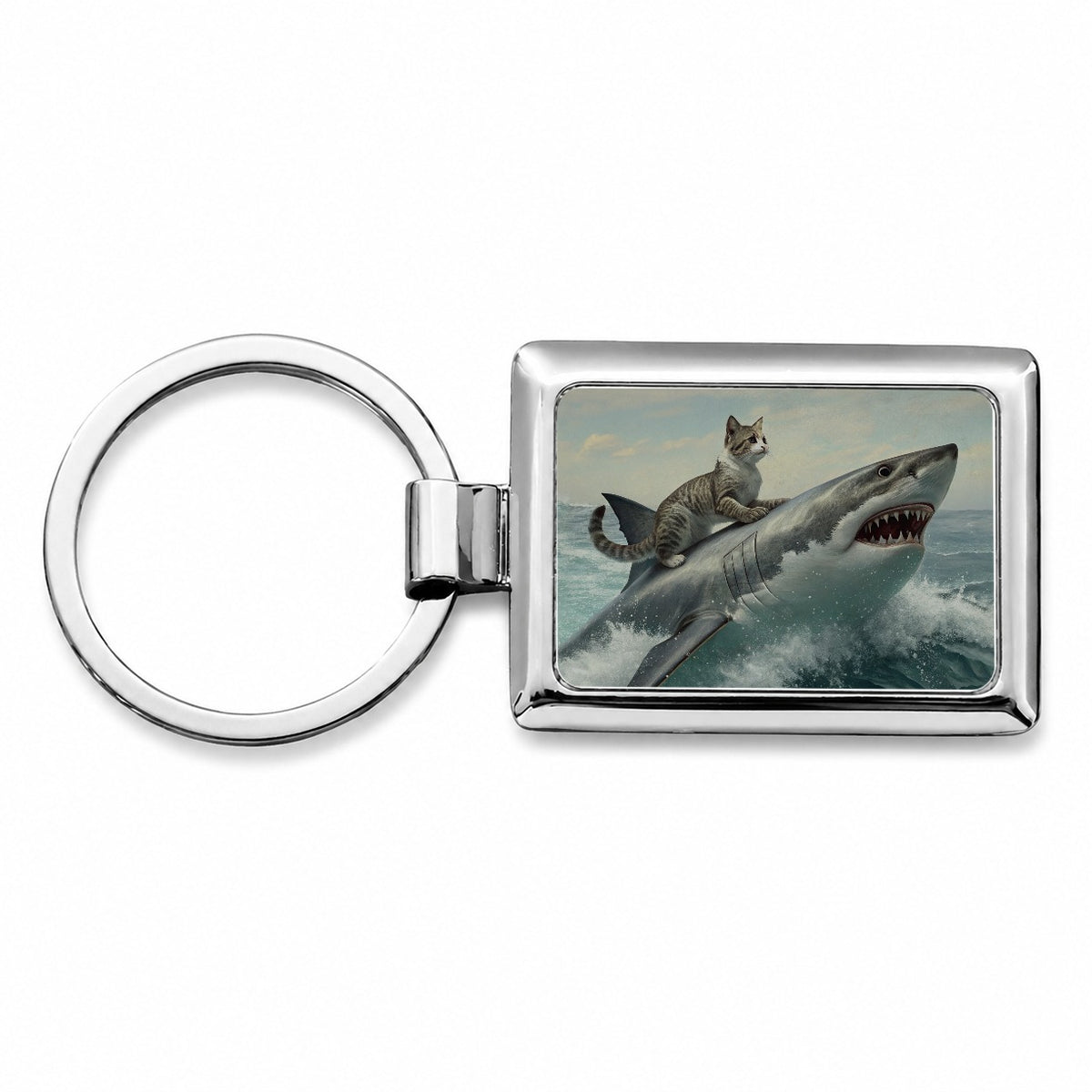 Cat Riding Shark Funny Rectangle Metal Keychain