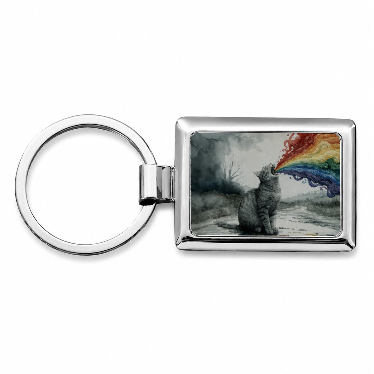 Cat Vomiting Rainbow Watercolor Rectangle Metal Keychain