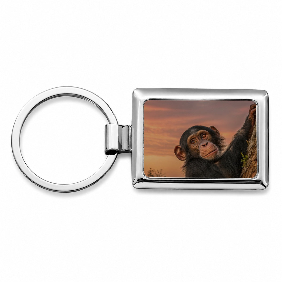 Chimpanzee Ape At Sunset Rectangle Metal Keychain