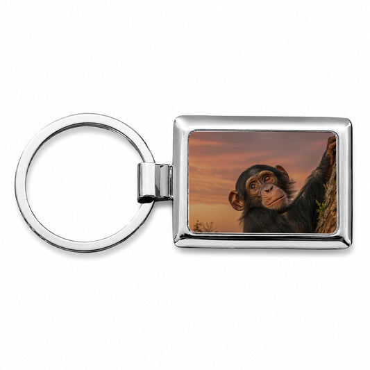 Chimpanzee Ape At Sunset Rectangle Metal Keychain