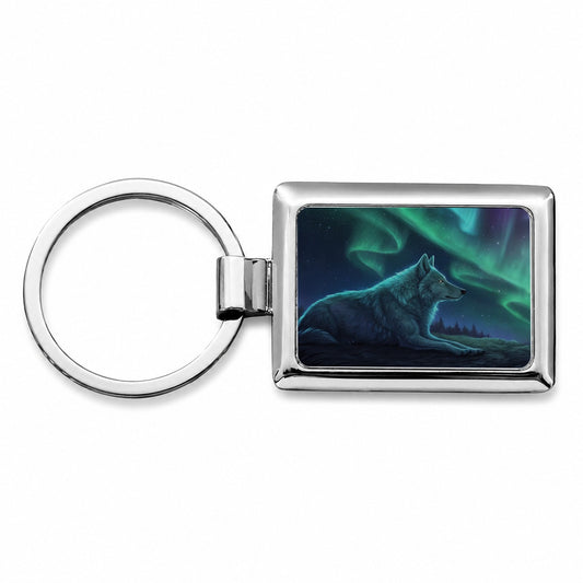 Cosmic Wolf Northern Lights Rectangle Metal Keychain