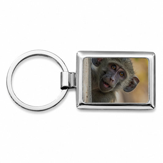 Curious Baboon Wildlife Nature Rectangle Metal Keychain