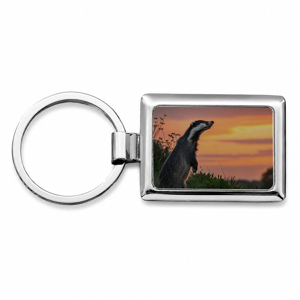 Curious Badger Sunset Scene Rectangle Metal Keychain