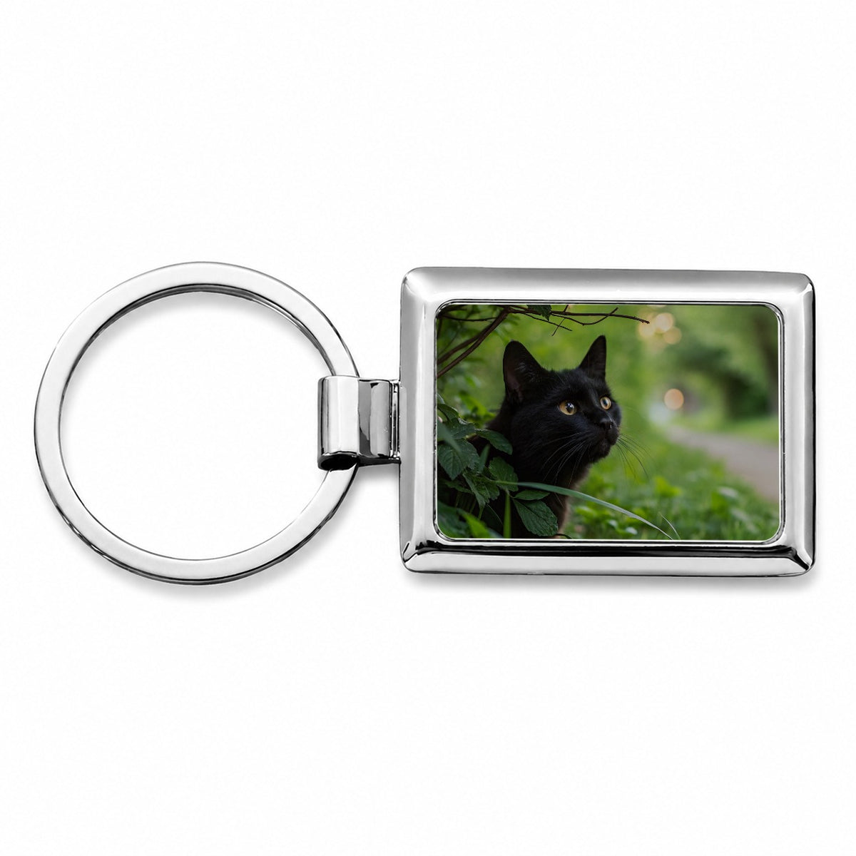 Curious Black Cat Nature Rectangle Metal Keychain
