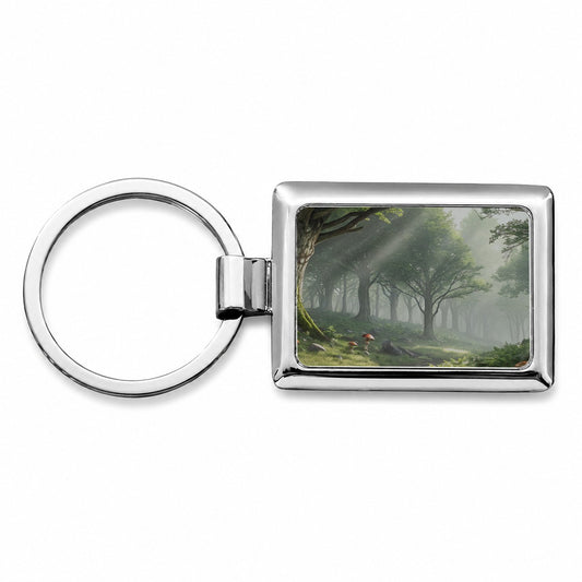 Foggy Woodland Forest Landscape Rectangle Metal Keychain