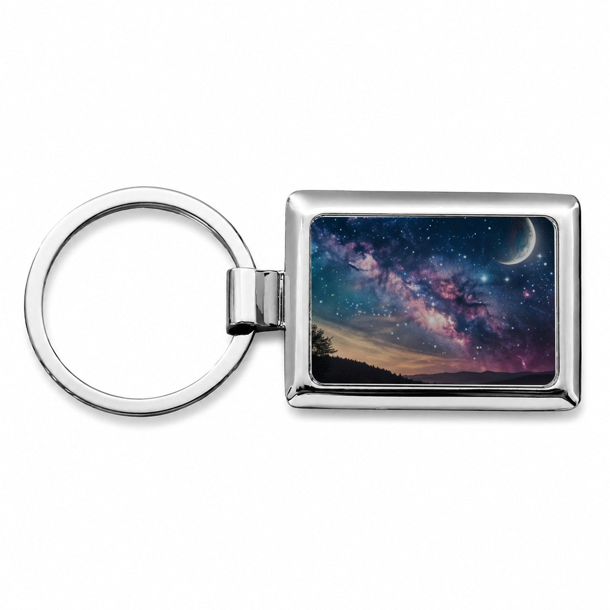 Galaxy Night Sky Crescent Moon Rectangle Metal Keychain